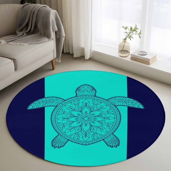 Teal Navy Blue Sea Turtle 3ft Round Rug, Summer Beach Coastal Modern Art Non-Skid Rubber Backing Large Area Rugs - Living Room Bedroom Home Office, Indoor Floor Mat Carpets Washable Rug