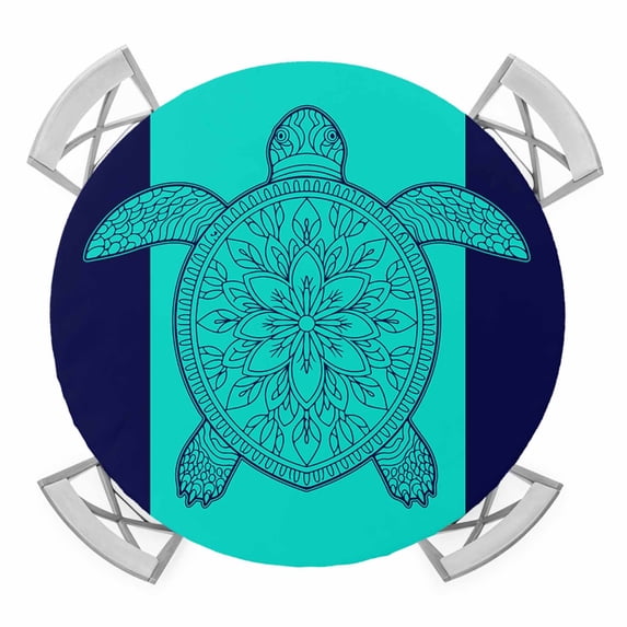 Teal Navy Blue Sea Turtle Round Fitted Tablecloth with Elastic Edge, Waterproof Table Cloth Table Cover for 36"-44" Tables, Summer Beach Coastal Modern Art Tablecloths for Dining Picnic Outdoor