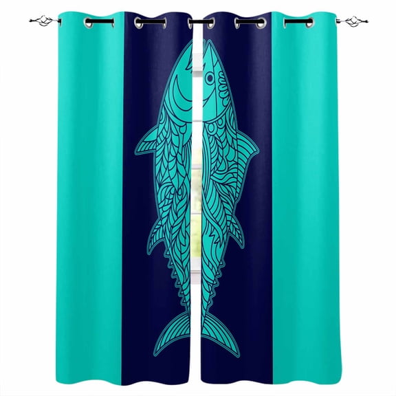 Teal Navy Blue Tuna Blackout Curtains for Bedroom, Summer Beach Coastal Modern Art Room Darkening Window Drapes for Living Room, Thermal Insulated Grommet Curtains, 42x45 inch, 2 Panels