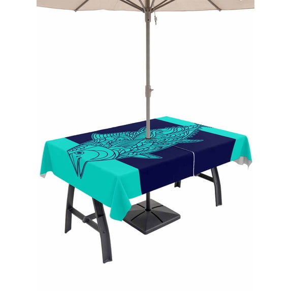 Teal Navy Blue Tuna Outdoor Tablecloth with Umbrella Hole, Summer Beach Coastal Modern Art Spillproof Waterproof Outdoor Table Cover, Patio Tablecloths for Party Picnic Camping, Rectangle 60"x84"