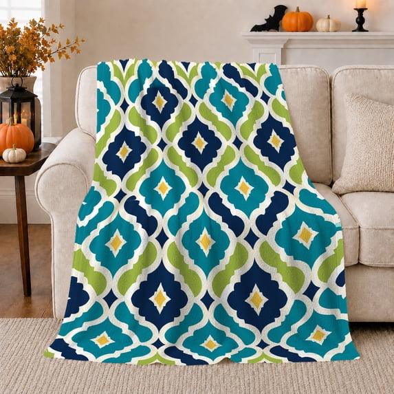 Teal Navy Moroccan Tile with Green Accents, Vibrant Geometric Style for Pattern Lovers, Ogee Lattice Motif and Housewarming Gift, Soft Flannel Blanket, Home Decor