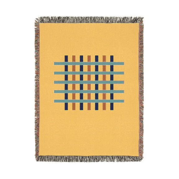 Teal, Navy, Orange and Red Interlaced Stripe Grid Woven Blanket, 100% Cotton, Geometric Style, Centered Design