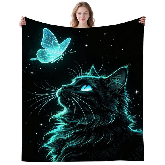 Teal Neon Cat Blanket Gifts for Women Men Adults Cats Lovers Plush Lightweight Black Butterfly Cats Throw Blankets for Couch Home Decor Birthday Gifts 50×40 Inch