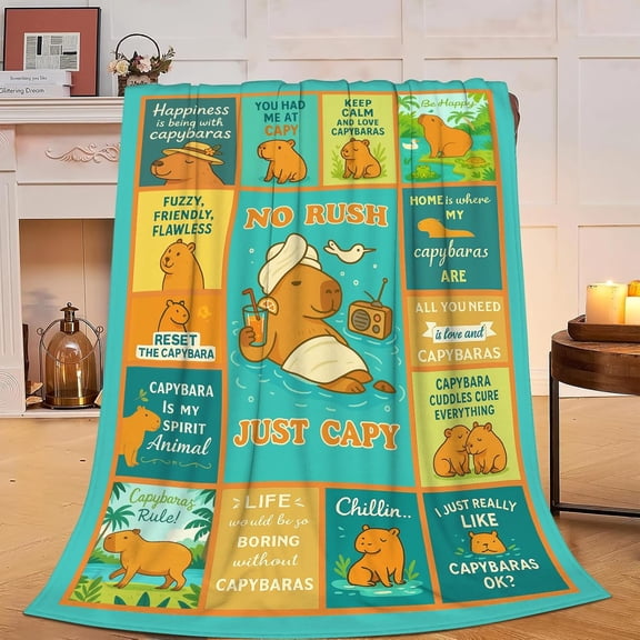 Teal No Rush Just Capy Capybara Collage Throw Blanket Soft Plush for Home