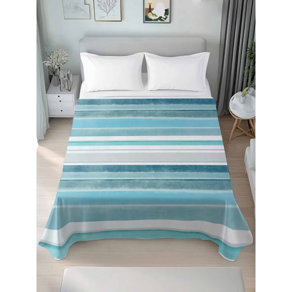 Teal Nordic Style Stripes Queen Size Flat Sheet, Wrinkleproof & Fadeproof Cooling Flat Bed Sheet Only, Turquoise Texture Breathable Soft Bedding Top Sheets 90 x 102 Inches