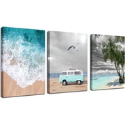 Teal Ocean Beach Canvas Wall Art Coastal Turquoise Pictures Bathroom Decor Palm Tree Paintings Sea Wave Blue Vocation Bus Artwork Framed for Bedroom Living Room Decor 12"x16"x3 Panels