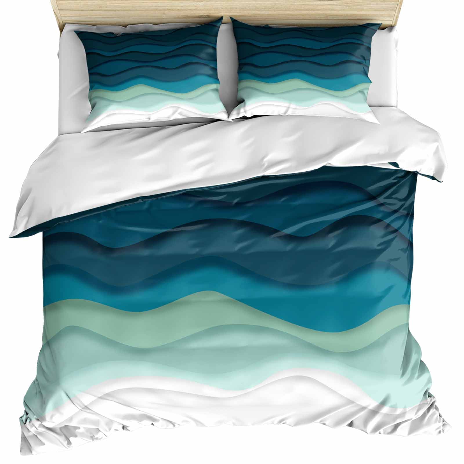 Teal Ocean Bedding 3 Piece Duvet Cover Set Queen Size, Coastal Sea Moire Waves Abstract Ombre Art Soft Microfiber Comforter Cover with Zipper Closure & Pillowcases, FadeResistant Quilt Cover