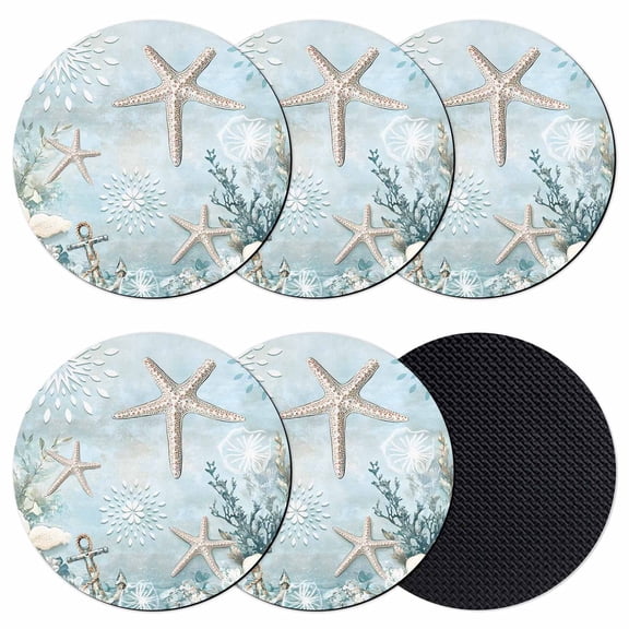 Teal Ocean Coastal Coasters Set of 6, Soft Absorbent Coasters for Drinks, Summer Beach Nautical Coral Starfish Non-Slip Cup Coaster Mat with Rubber Bottom for Home Kitchen Coffee Bar Table Decor 4"
