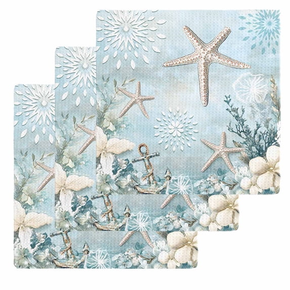 Teal Ocean Coastal Dish Towels Set, Waffle Weave Kitchen Towels 3 Pieces, Summer Beach Nautical Coral Starfish Microfiber Hair Face Bath Tea Towel Absorbent Quick Drying Cleaning Dish Cloths 12"x12"