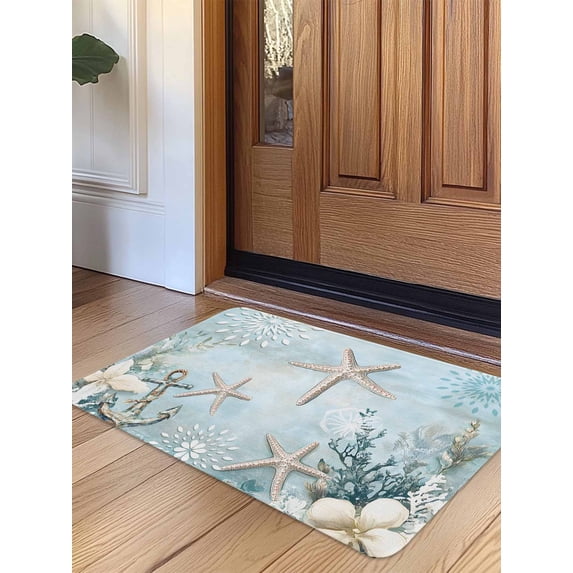 Teal Ocean Coastal Door Mat Indoor Outdoor Entrance, Non Slip Rug for Kitchen Bathroom Entryway Rug, Summer Beach Nautical Coral Starfish Washable Doormat Floor Mat for Office 20x31.5 Inch