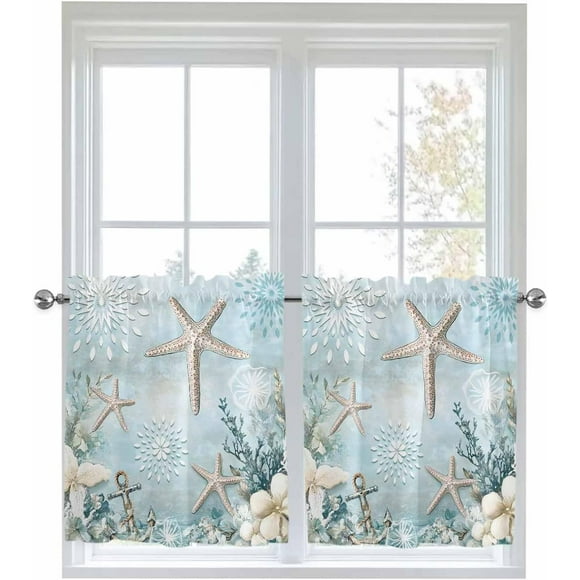 Teal Ocean Coastal Half Window Curtains 24 Inches Long, Summer Beach Window Treatment Curtain Drapes, Nautical Coral Starfish Short Window Tiers for Laundry Room Over Sink, 27.5"x24", 2 Panels