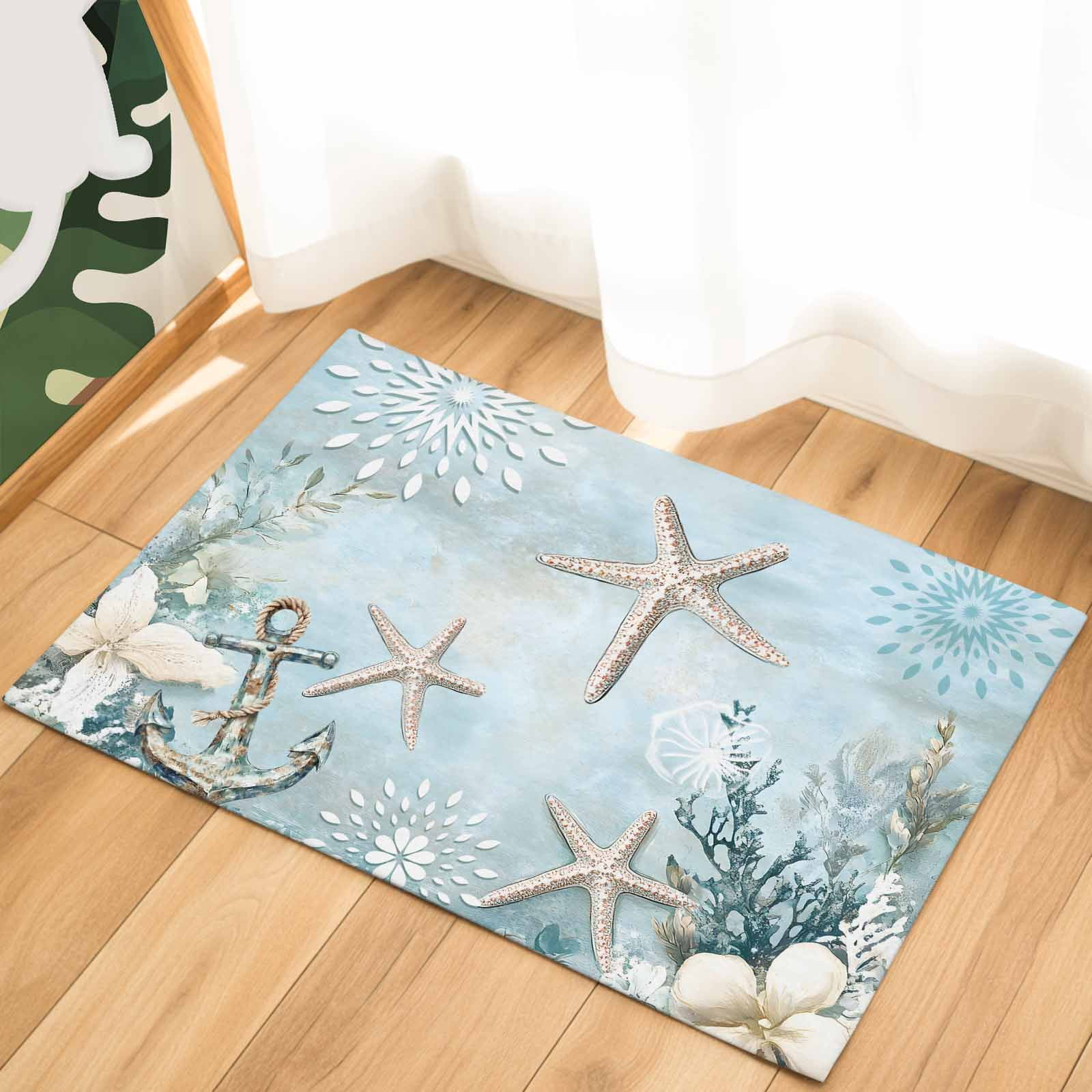 Teal Ocean Coastal Indoor Door Mat - 20"x31.5", Non-Slip Welcome Mat for Outdoor, Summer Beach Nautical Coral Starfish Front Doormat for Entry, Low-Profile Doormat Entrance Rug for Kitchen/Bathroom