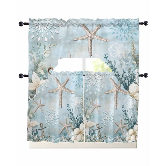 Teal Ocean Coastal Kitchen Curtains Set for Windows 3 Piece Cafe Curtains 24 Inch Length Swag Curtains Valances and Tier Set Summer Beach Nautical Coral Starfish Drapes for Bedroom Bathroom
