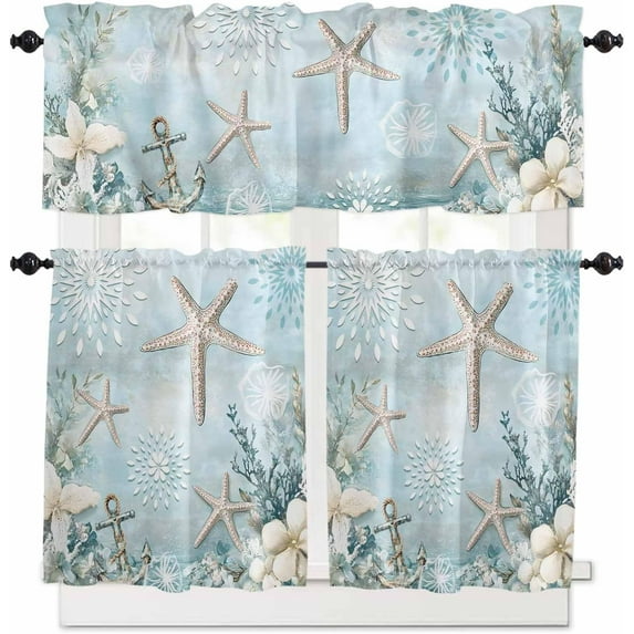 Teal Ocean Coastal Kitchen Curtains, Summer Beach 3-Piece Kitchen Curtain Valance and Tiers Set 24 Inch Length, Nautical Coral Starfish Rod Pocket Half Window Curtains for Cafe Living Room Bathroom