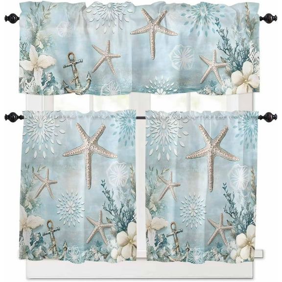 Teal Ocean Coastal Kitchen Curtains, Summer Beach 3-Piece Kitchen Curtain Valance and Tiers Set 36 Inch Length, Nautical Coral Starfish Rod Pocket Half Window Curtains for Cafe Living Room Bathroom