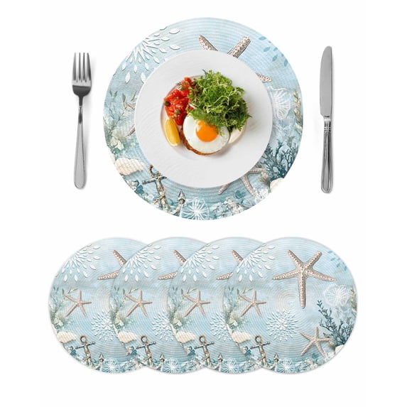 Teal Ocean Coastal Round 13 Inch Placemats Set of 4, Summer Beach Nautical Coral Starfish HeatResistant Non Slip Place Mats for Dining Table, Wipeable Braided Kitchen Table Mats for Housewarming