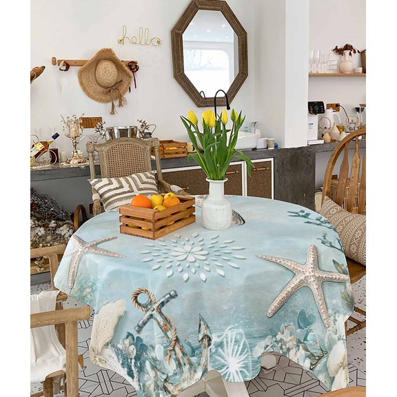 Teal Ocean Coastal Tablecloth Square Table Cloth 54x54, Waterproof Tablecloth Outdoor Table Cloth, Summer Beach Nautical Coral Starfish Washable Table Cover for Kitchen Dining Party