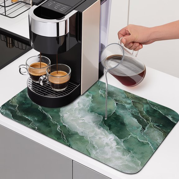 Teal Ocean Dish Drying Mats for Kitchen Counter, Sea Waves Abstract Marble Art Absorbent Coffee Bar Mat with Non-slip Rubber Backed Quick Drying Dish Rack Pad 12"x16"