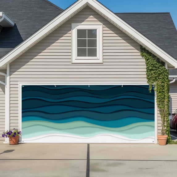 Teal Ocean Garage Door Cover Banner 6 x 13 FT, Coastal Sea Moire Waves Abstract Ombre Art Garage Door Curtains Backdrop with Grommets for Indoor Outdoor Wall Party Porch Yard Decorations Background
