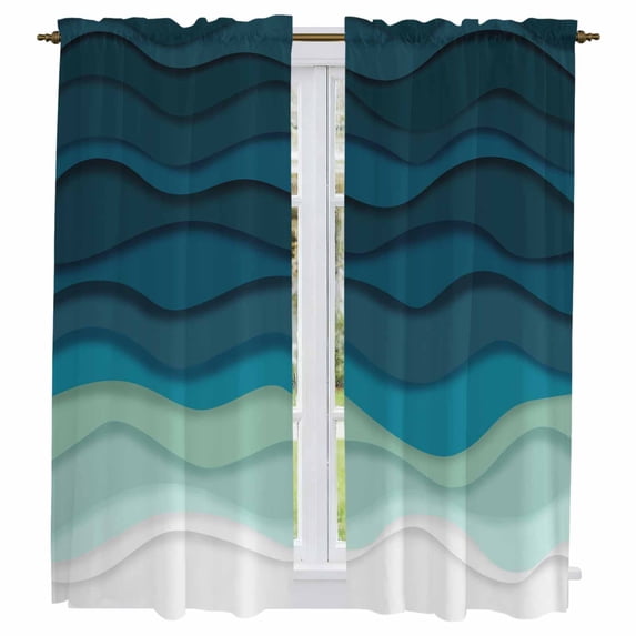 Teal Ocean Kitchen Curtains, Coastal Sea Moire Waves Abstract Ombre Art Light Filtering Window Curtain Panels, 2Pcs Rod Pocket Window Treatments Set for Living Room Bathroom Bedroom 42x63 Inches