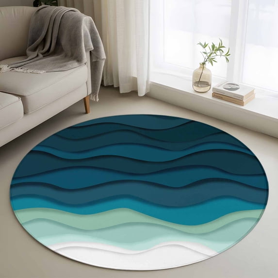 Teal Ocean Round Area Rug 4 FT, Non Slip Indoor Outdoor Rug, Coastal Sea Moire Waves Abstract Ombre Art Washable Soft Circular Carpet Non-Shedding Floor Mat for Coffee Table Nursery Foyer Balcony
