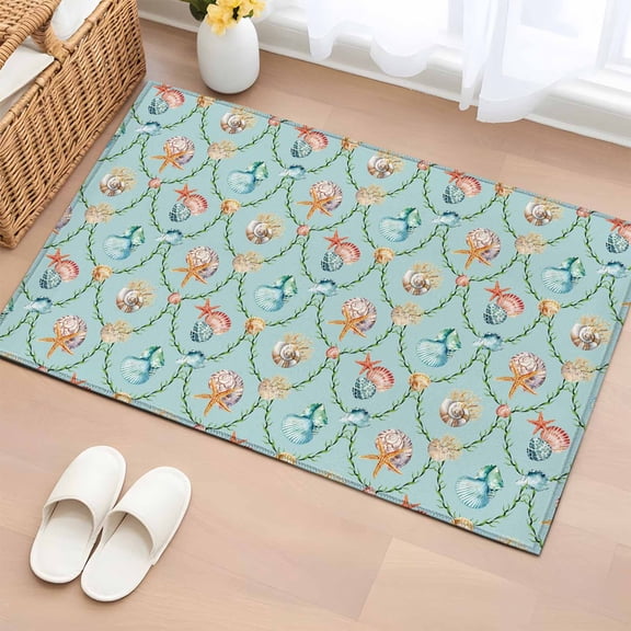 Teal Ocean Shell Washable Small Entryway Area Rugs 2'x3', Retro Abstract Colorful Sea Star Sea Nuts Low Pile Throw Rug Non-Slip Sturdy Edge Binding Carpet for Front Door Floor Room Entry