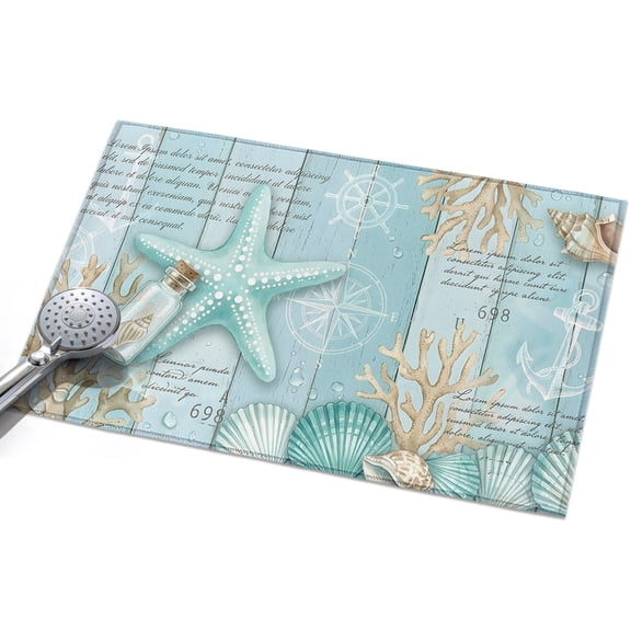 Teal Ocean Starfish Area Rugs 2x3ft Nautical Sea Shell Coral Compass Wood Grain Floor Rug&nbsp;Non Slip Low Pile Ultra Soft Throw Carpet for Entryway Indoor Entrance Kitchen Bathroom