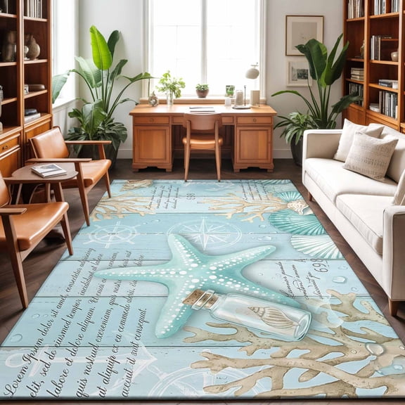 Teal Ocean Starfish Washable Area Rug 9 x 12 ft Nautical Sea Shell Coral Compass Wood Grain, Soft Non Slip Rugs Stain Repellent Indoor Felt Carpet for Living Dining Room Bedroom Home Office