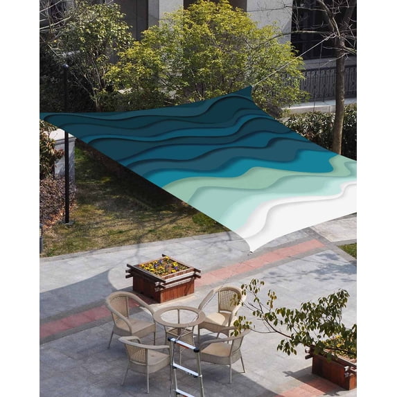 Teal Ocean Sun Shade Sail 8'x10' Rectangle Outdoor Shade Canopy, Coastal Sea Moire Waves Abstract Ombre Art Porch Shades Outdoor Sun Blocking Screen, Sunshade Cloth Covers for Patio/Deck/Garden