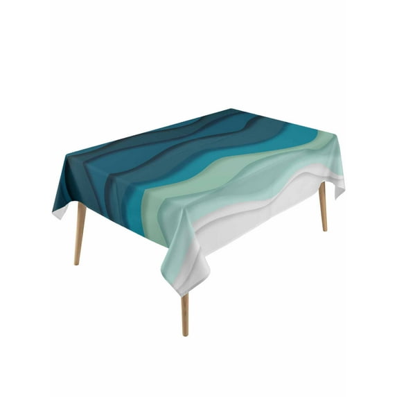 Teal Ocean Table Cloth, Coastal Sea Moire Waves Abstract Ombre Art Waterproof Tablecloth for Rectangle Tables, Reusable Washable Fabric Table Cover for Restaurant Kitchen Dining Tables 54"x108"