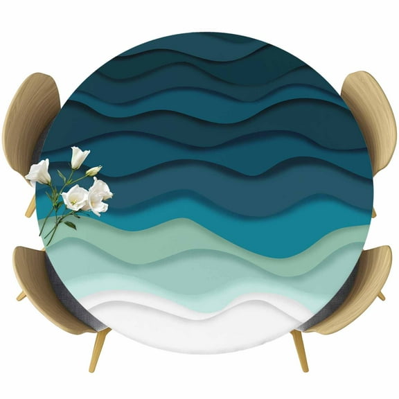 Teal Ocean Table Cloth, Round Fitted Tablecloths with Elastic Edge, Coastal Sea Moire Waves Abstract Ombre Art Wipeable Waterproof Table Cover for Kitchen Wedding 36-44 Inches