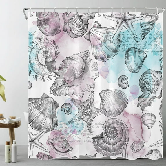 Teal Ocean Themed Shower Curtain Bathroom Decor, Teal Shell Underwater Ocean Animal Plant Shower Curtain Waterproof on White Background Bathroom Curtain Home Decor with 12 Hooks, 72 X 72 Inches
