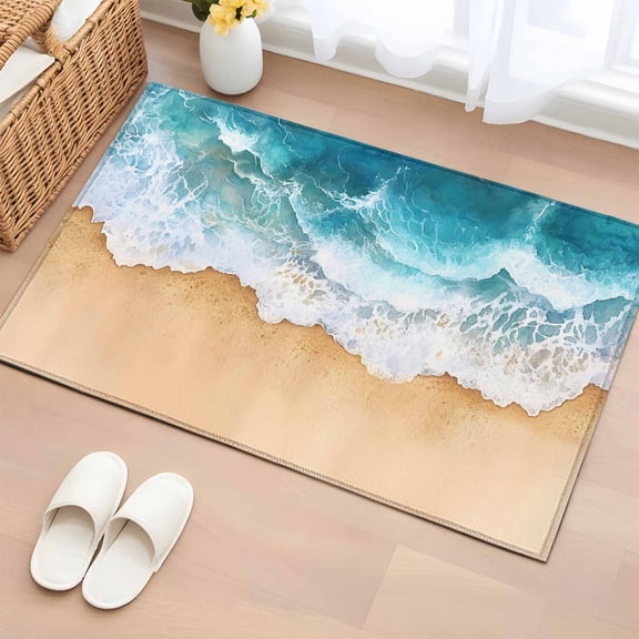 Teal Ocean Waves Bathroom Rug Washable 2x3 Entryway Rug Non Slip Summer Beach Coastal Nautical Front Door Mat Low Pile Indoor Doormat Throw Floor Carpet for Kitchen Bedroom Entrance
