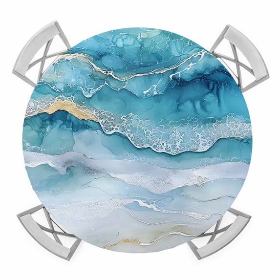 Teal Ocean Waves Elastic Fitted Round Table Cover Modern Abstract Art Waterproof Outdoor Tablecloth for Holiday Party, Picnic, Patio & Dining Fits Tables Up to 36"-44"