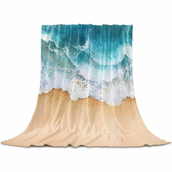 Teal Ocean Waves Flannel Blanket for Bed, Summer Beach Coastal Nautical Soft Cozy Warm Couch Throw Blanket, Lightweight Fluffy Plush Bedding Blankets for Sofa Decor All Season 60"x80"