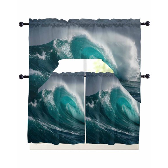 Teal Ocean Waves Kitchen Curtains Sets 36 Inch Length with Valance, Summer Surfing Nautical Seascape Swag Valances and Tiers Curtain Set Drapes Swag Curtains for Living Room, Bathroom, Bedroom, Cafe