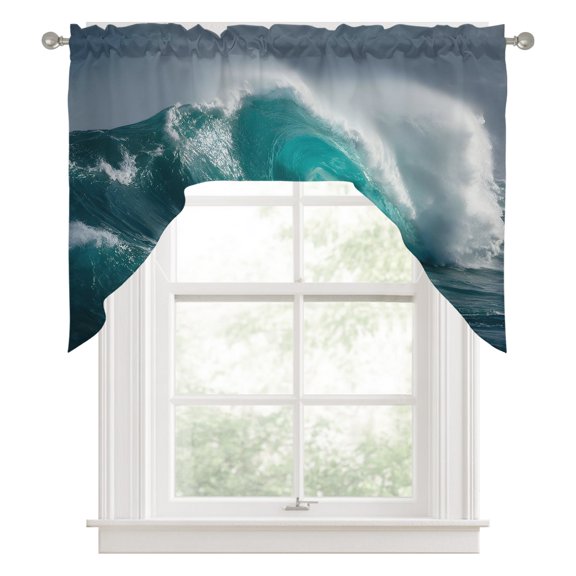 Teal Ocean Waves Kitchen Curtains Swag Valance for Windows/Bathroom/Cafe, Summer Surfing Nautical Seascape Rod Pocket Drape Panel Swag Curtains Valance for Bedroom/Living Room 56"x36"