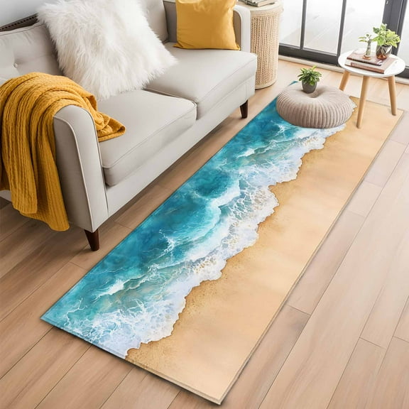 Teal Ocean Waves Kitchen Runner Rug 2x6 Washable Runners for Hallway Non Slip Summer Beach Coastal Nautical Large Area Rug Indoor Floor Carpet for Bathroom Laundry Entryway Bedroom Living Room