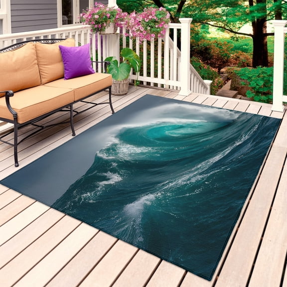 Teal Ocean Waves Outdoor Rug for Patio/Deck/Porch, Non-Slip Large Area Rug 4 x 6 Ft, Summer Surfing Nautical Seascape Indoor Outdoor Rugs Washable Area Rugs, Reversible Camping Rug Carpet Runner