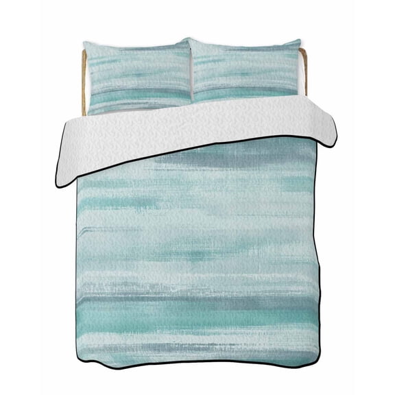Teal Ocean Waves Quilts Bedding Set Twin Size Modern Abstract Minimalist Nautical Gradient Green Beach Lightweight Quilted Bedspread 3 Piece Bed Quilt with 2 Pillow Shams for Bedroom 68" x 86"