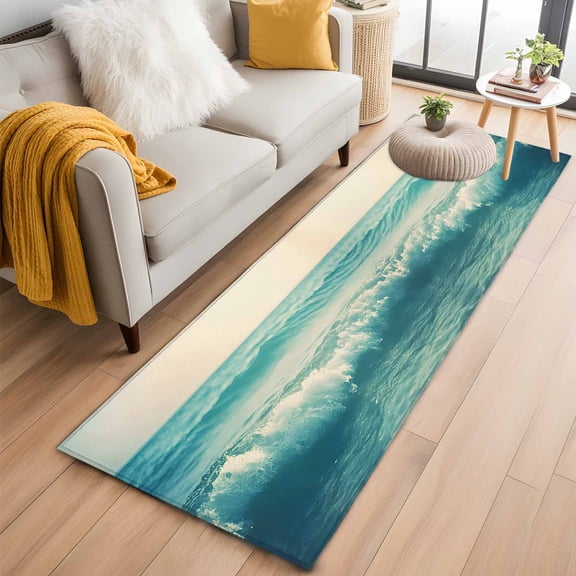 Teal Ocean Waves Retro Kitchen Runner Rug 2x6 Washable Runners for Hallway Non Slip Summer Beach Coastal Nautical Large Area Rug Indoor Floor Carpet for Bathroom Laundry Entryway Bedroom Living Room
