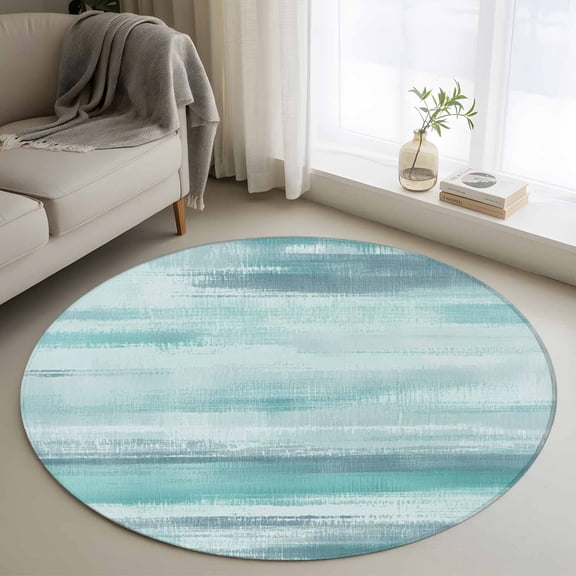 Teal Ocean Waves Washable Round Area Rug 3 ft, Modern Abstract Minimalist Nautical Gradient Green Beach , Soft Non Slip Rugs Stain Repellent Indoor Felt Carpet for Living Dining Room Bedroom Home