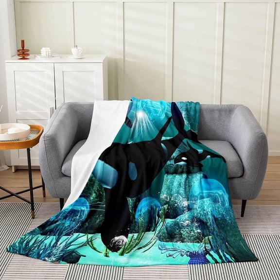 Teal Ocean Whale Throw Blanket All Season,Jellyfish Killer Whale Fleece Blanket Home Room Decor,The Underwater World Bed Blanket Baby 30x40,Orcinus Orcas Deep Sea Animals Marine Life Plush Blanket
