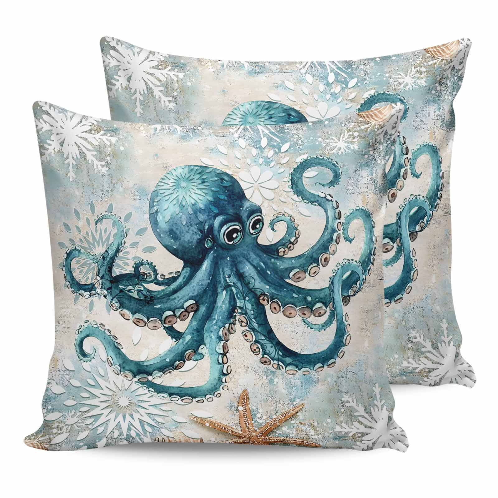 Teal Octopus Coastal 24x24 Pillow Covers Set of 2, Summer Beach Vintage Nautical Throw Pillow Covers Decorative Couch Cushion Case, Microfiber Square Pillowcases for Bedroom Car Living Room