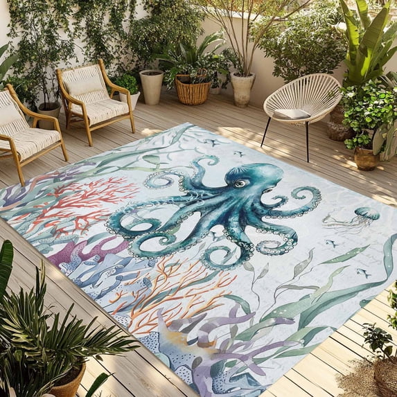 Teal Octopus Coastal Outdoor Rug 5x7 Ft - Reversible Patio Rug Outdoor Camping Rugs, Summer Beach Ocean Coral Nautical Washable Indoor Outdoor Area Rugs, Non-Slip Outdoor Carpet Runner for Deck/Porch