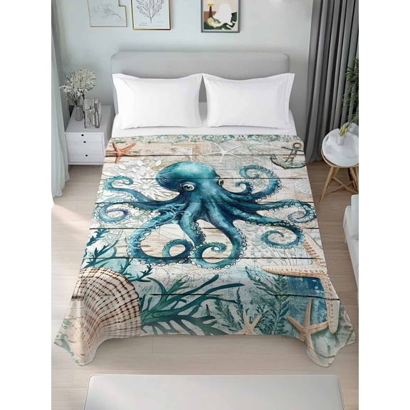 Teal Octopus Coastal Queen Size Flat Sheet, Wrinkleproof & Fadeproof Cooling Flat Bed Sheet Only, Summer Beach Nautical Starfish Retro Breathable Soft Bedding Top Sheets 90 x 102 Inches