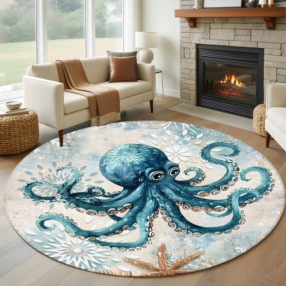 Teal Octopus Coastal Round Rugs 5ft, Summer Beach Vintage Nautical Non Slip Washable Rug Runner, Low Pile Indoor Floor Carpet Mat Bathroom Rugs for Living Room, Bedroom, Kids Room