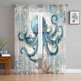 thumbnail image 1 of Teal Octopus Coastal Semi Sheer Window Curtains 108 Inches Long, Summer Beach Vintage Nautical Rod Pocket Voile Silky Chiffon Curtain Treatment Drapes for Kitchen, Living Room, 52"x108", 2 Panels, 1 of 9