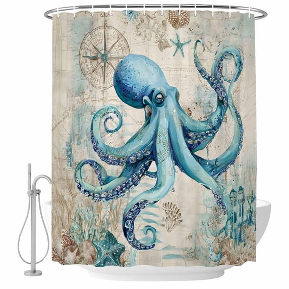 Teal Octopus Coastal Shower Curtain, Waterproof Shower Curtains for Bathroom, Vintage Summer Beach Nautical Washable Fabric Bathtub Curtain Set Bath Decor with 12 Hooks Stall 36"x72"