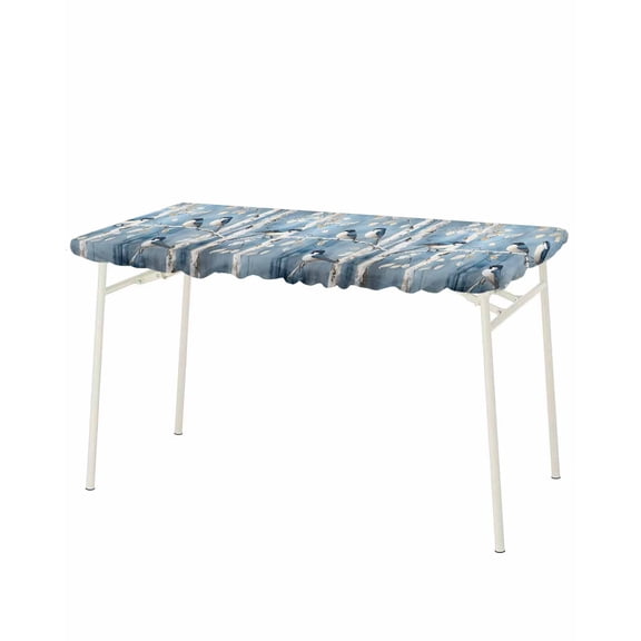 Teal Oil Painting Forest Rectangle Tablecloth, Waterproof Elastic Fitted Table Covers for 8 Foot Tables, 32x96inch Decorative Tablecloths for Picnic, Camping, Indoor, Outdoor, Vintage Birds Farmhouse